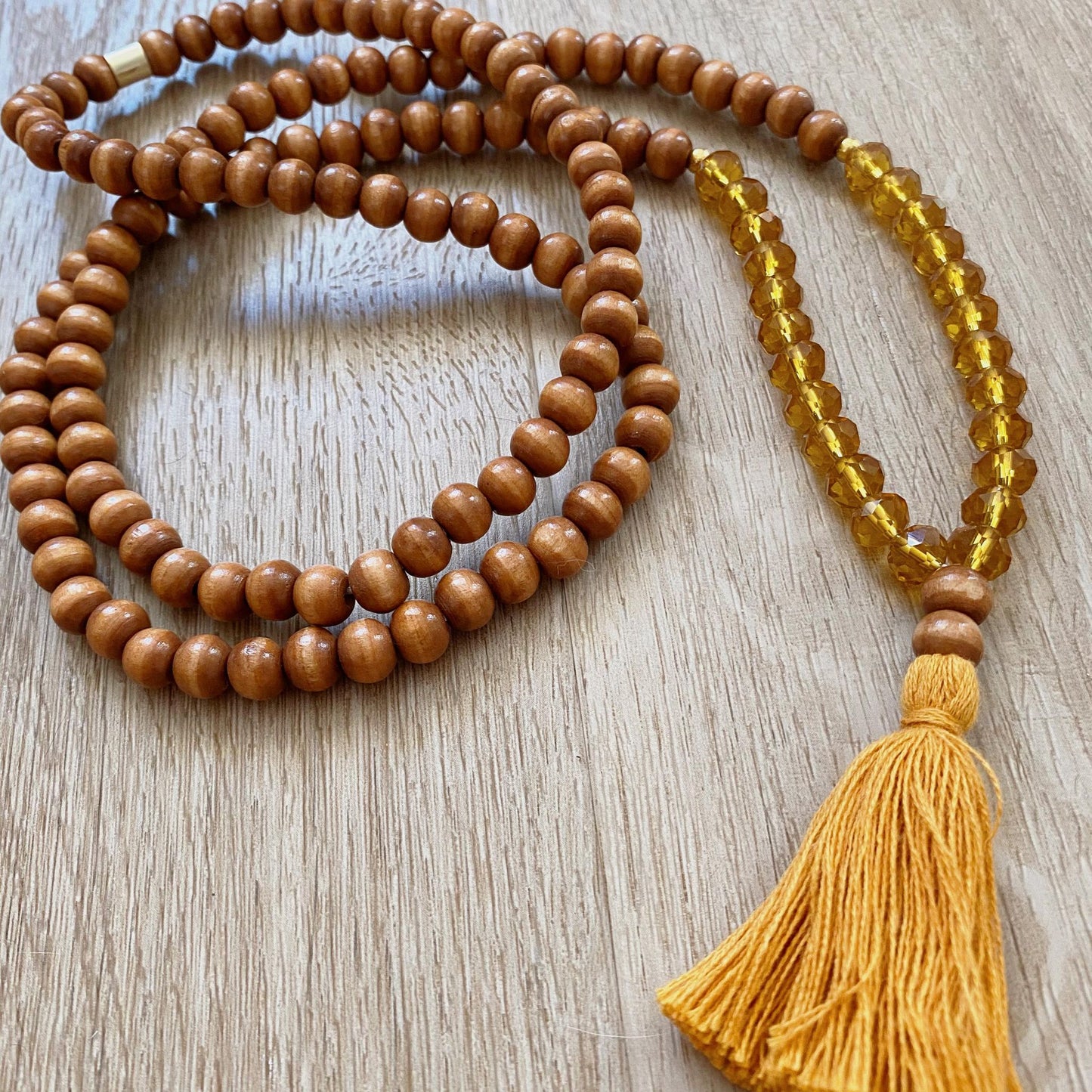 real wooden beads, long pendant tassel necklace with amber glass beads