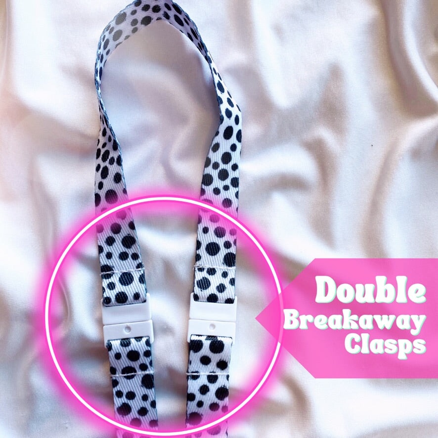 Deluxe Fabric Lanyard | DOUBLE Breakaway Clasp | Black & White Spots Lanyard Blushery