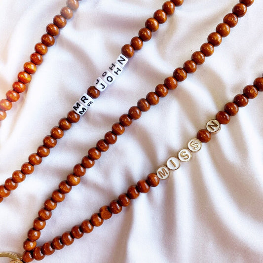 PERSONALISED Wooden Beaded Lanyard | With Golden Letter Beads Lanyard Blushery