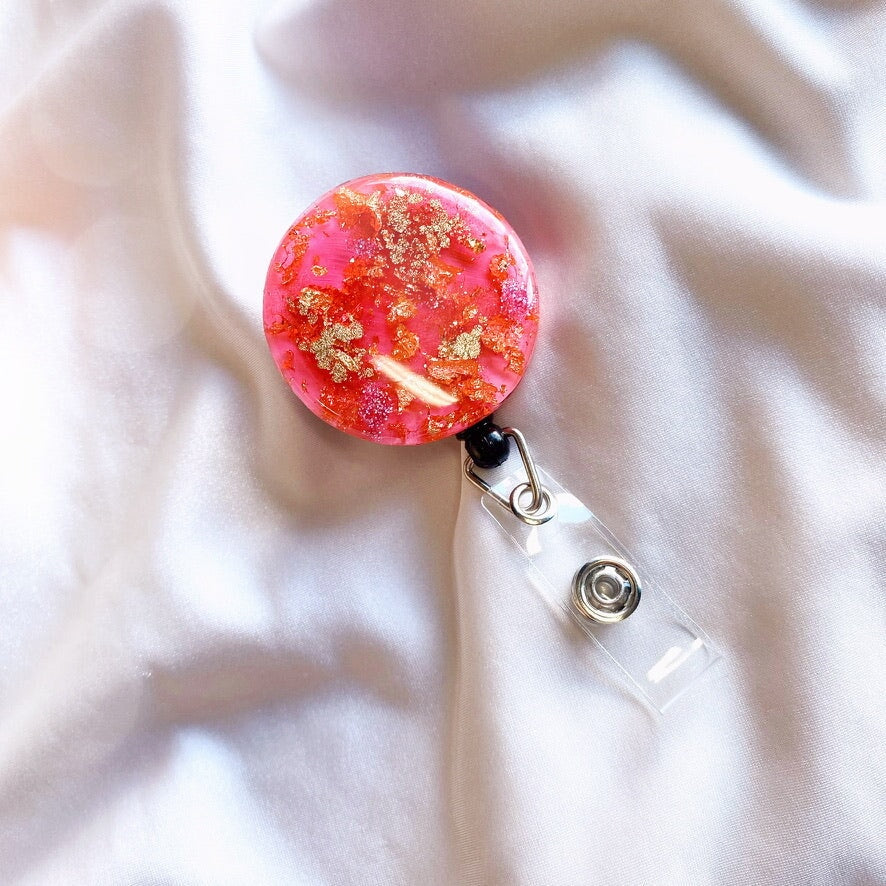 Retractable Badge Reel | Pink and Gold Flakes Badge Reel Blushery