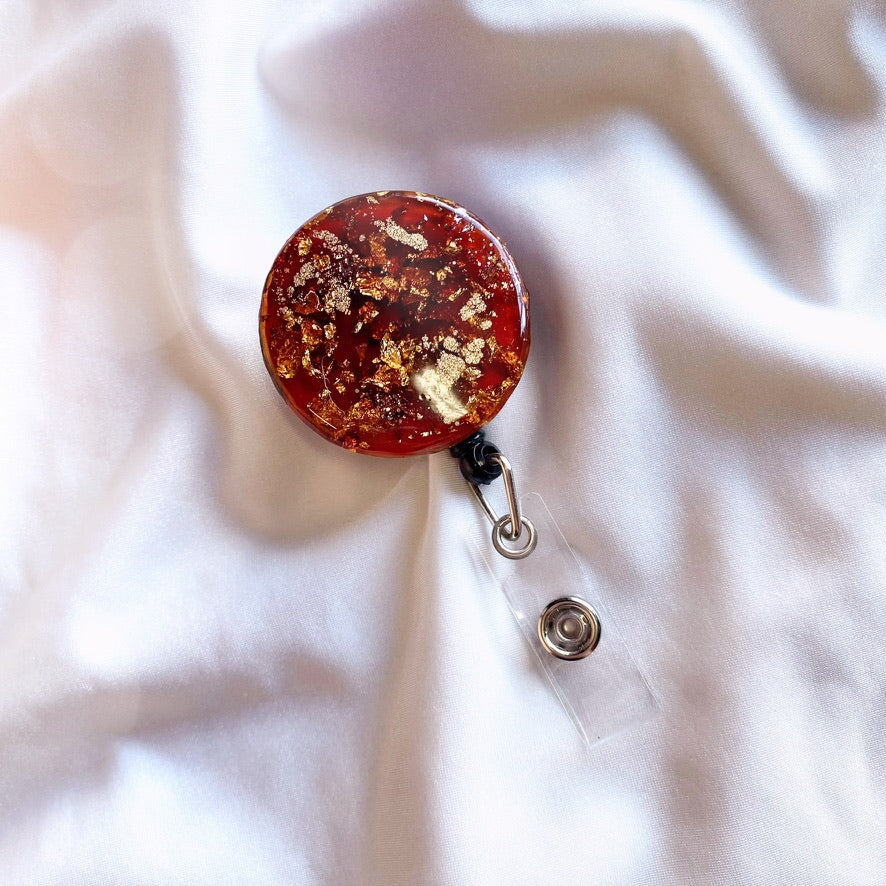 Retractable Badge Reel | Brown and Gold Flakes Badge Reel Blushery