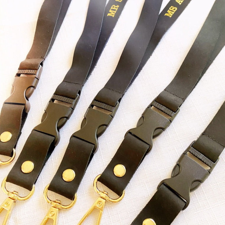 Deluxe Fabric Lanyard | Genuine Black Leather PERSONALISED