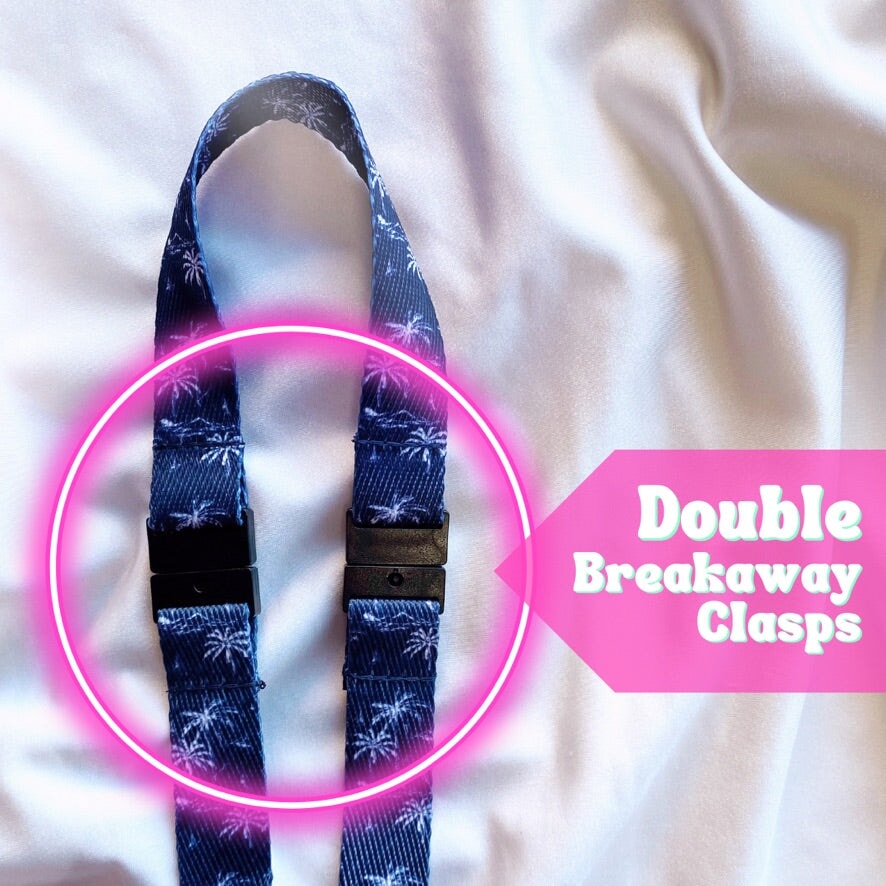 Deluxe Fabric Lanyard | DOUBLE Breakaway Clasp | Navy Blue Tropical Print Lanyard Blushery