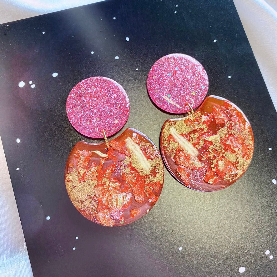 Resin Earrings | Pink and Gold Flakes Earrings Blushery