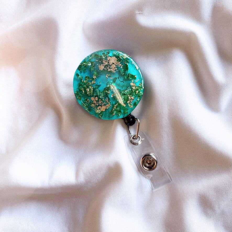 Retractable Badge Reel | Teal and Gold Flakes Badge Reel Blushery
