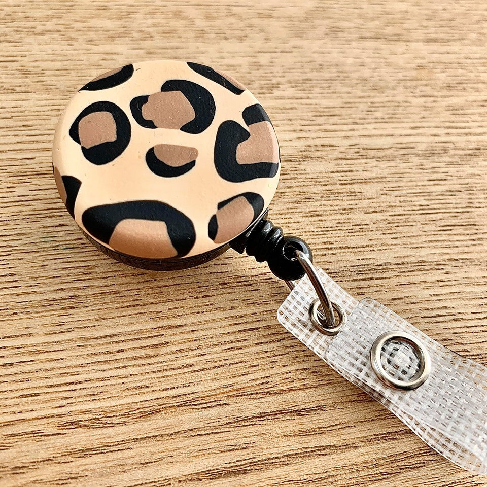 leopard print retractable badge reel, handmade with polymer clay