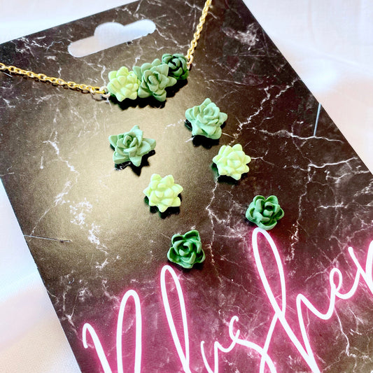 handmade mini succulent stud earring pack, and a succulent bar necklace