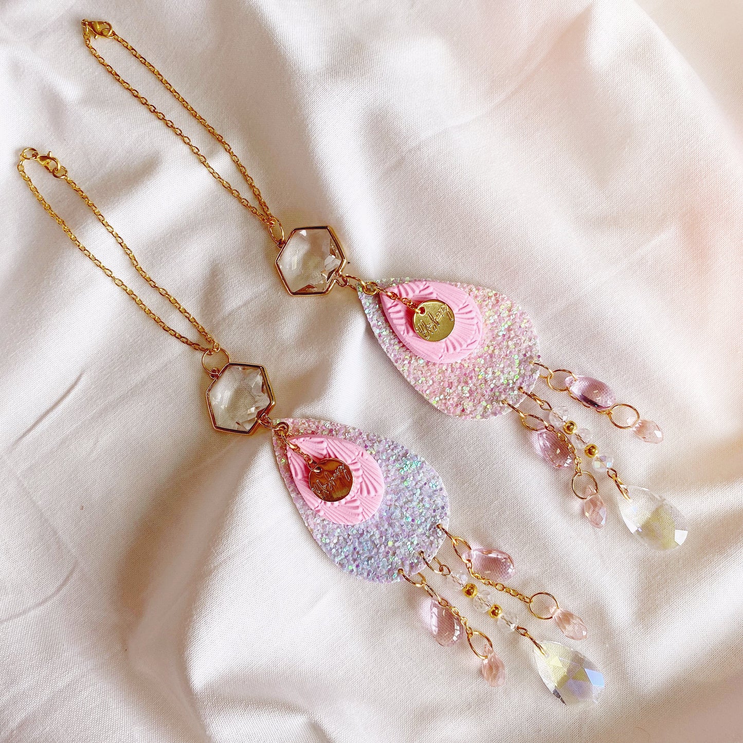 pink glitter car charm suncatcher with beautiful shiny gold and crystal details