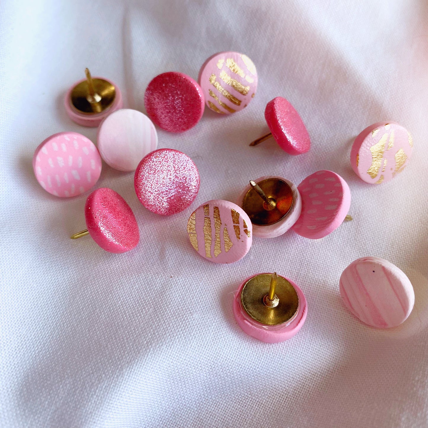 pink glitter, gold leaf, brass tacks, handmade with polymer clay
