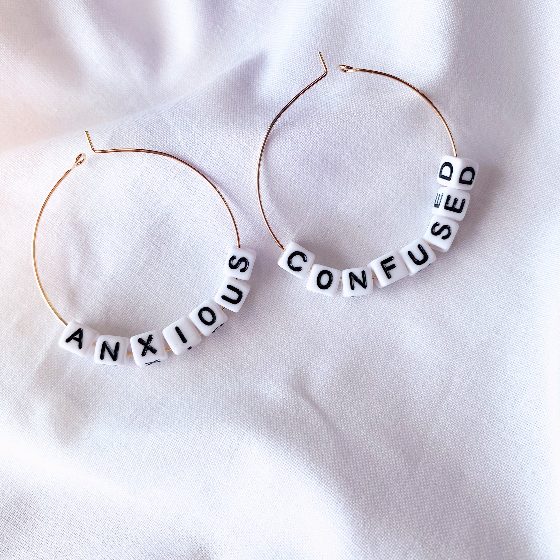 anxious and confused funny beaded hoop earrings with tiny alphabet beads