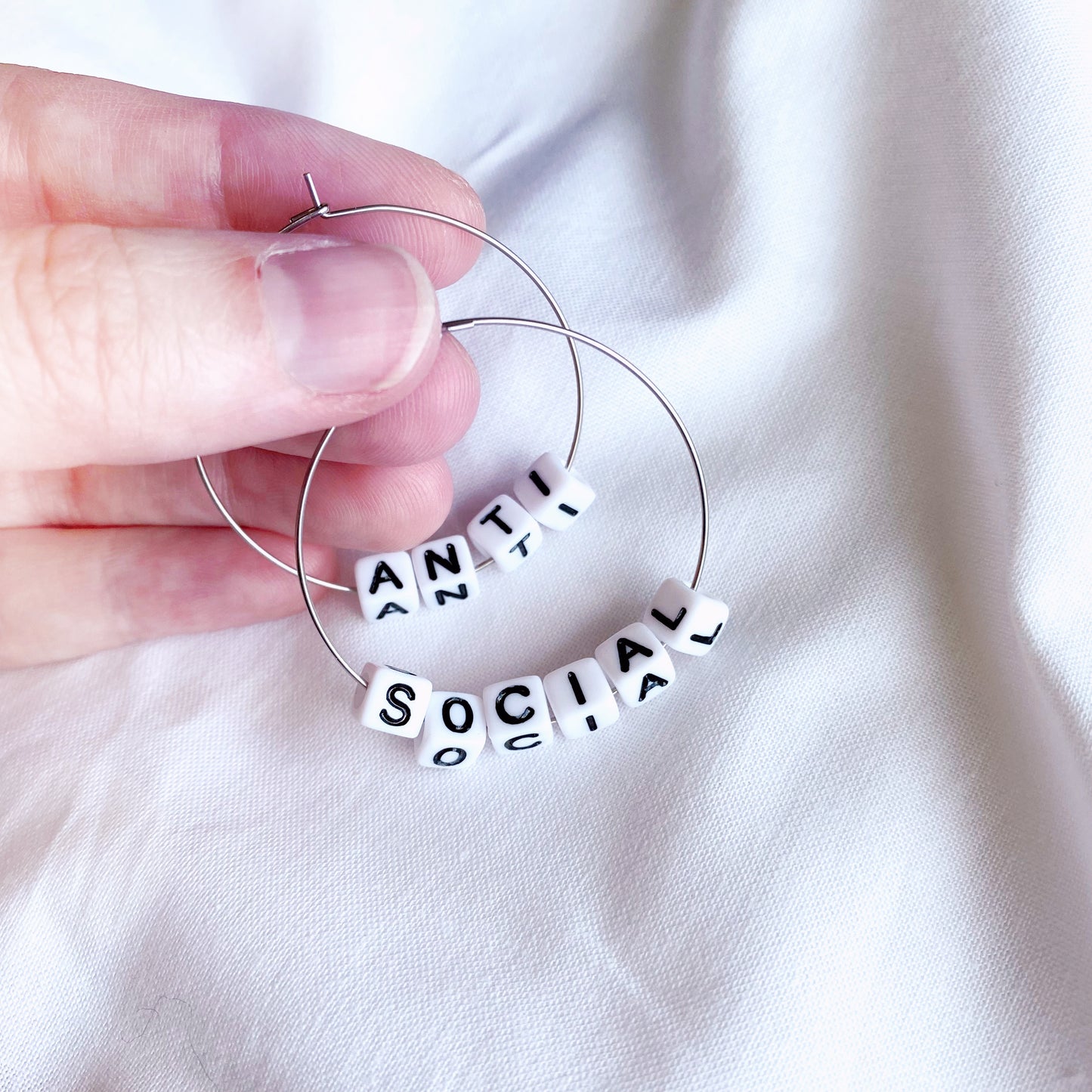 Anti social antisocial beaded alphabet hoop earrings, funny earrings