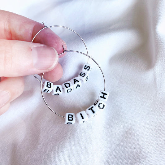 badass bitch funny beaded alphabet hoop earrings