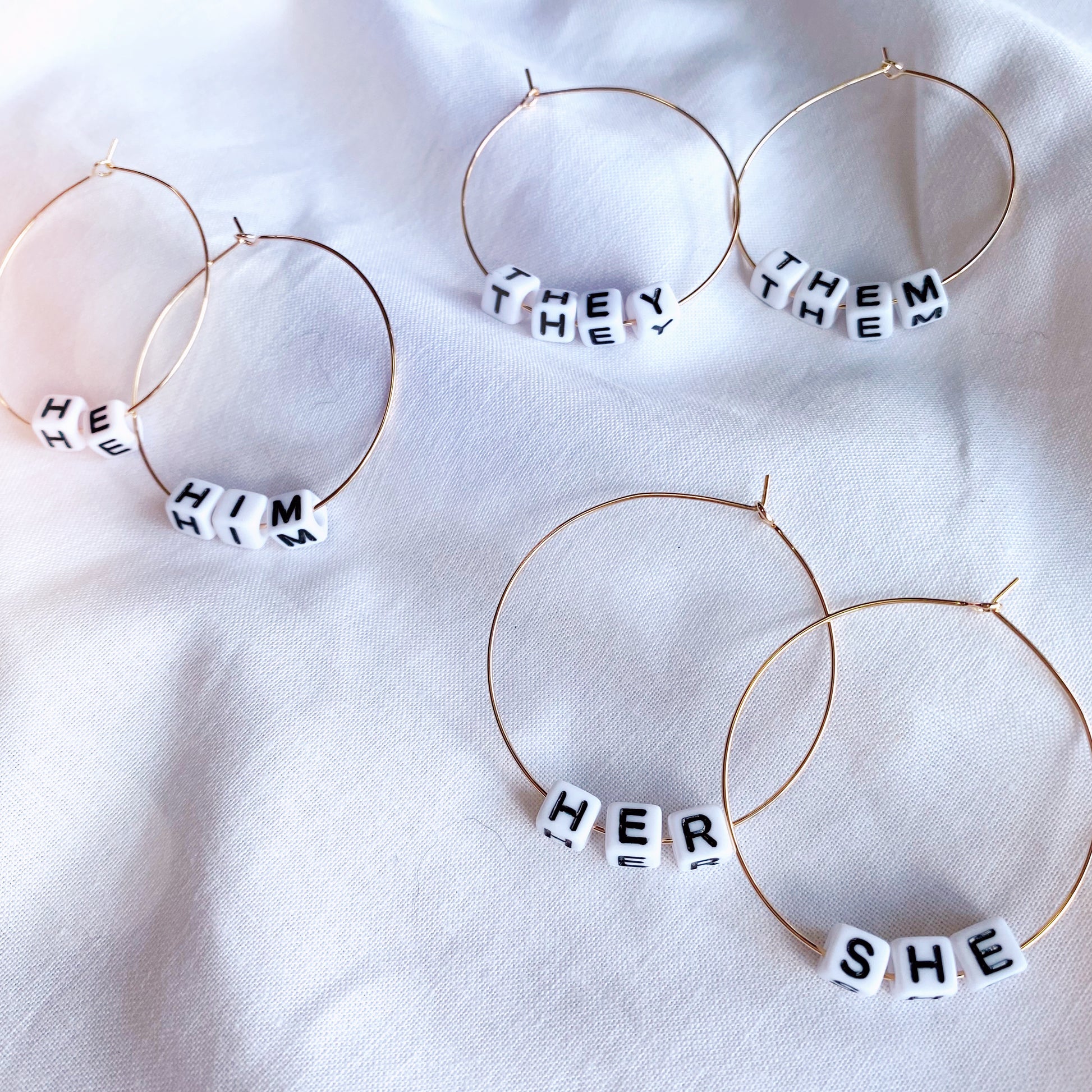 gender pronoun she him they, on gold or silver stainless steel hoops