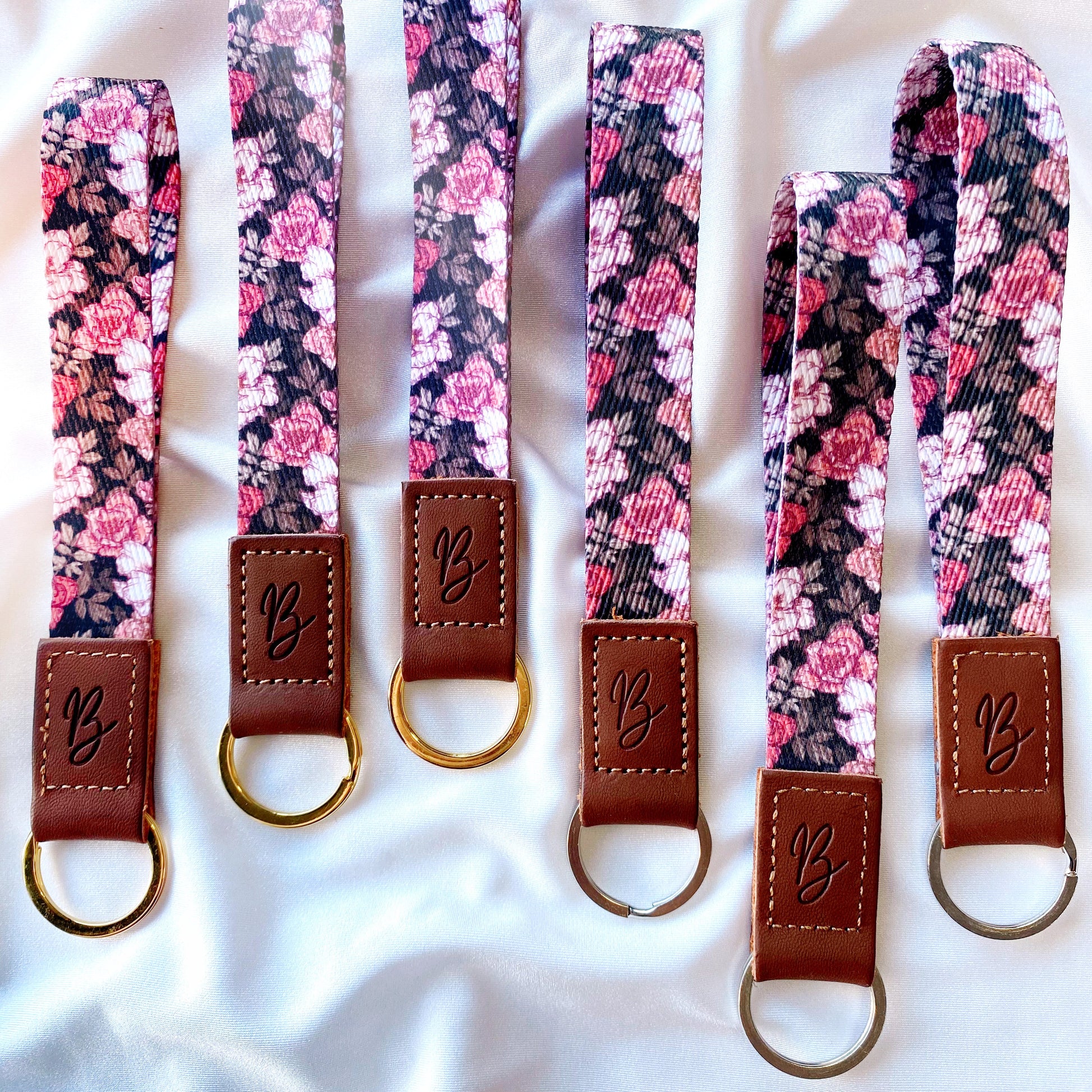 floral keychain with leather accent and keyring