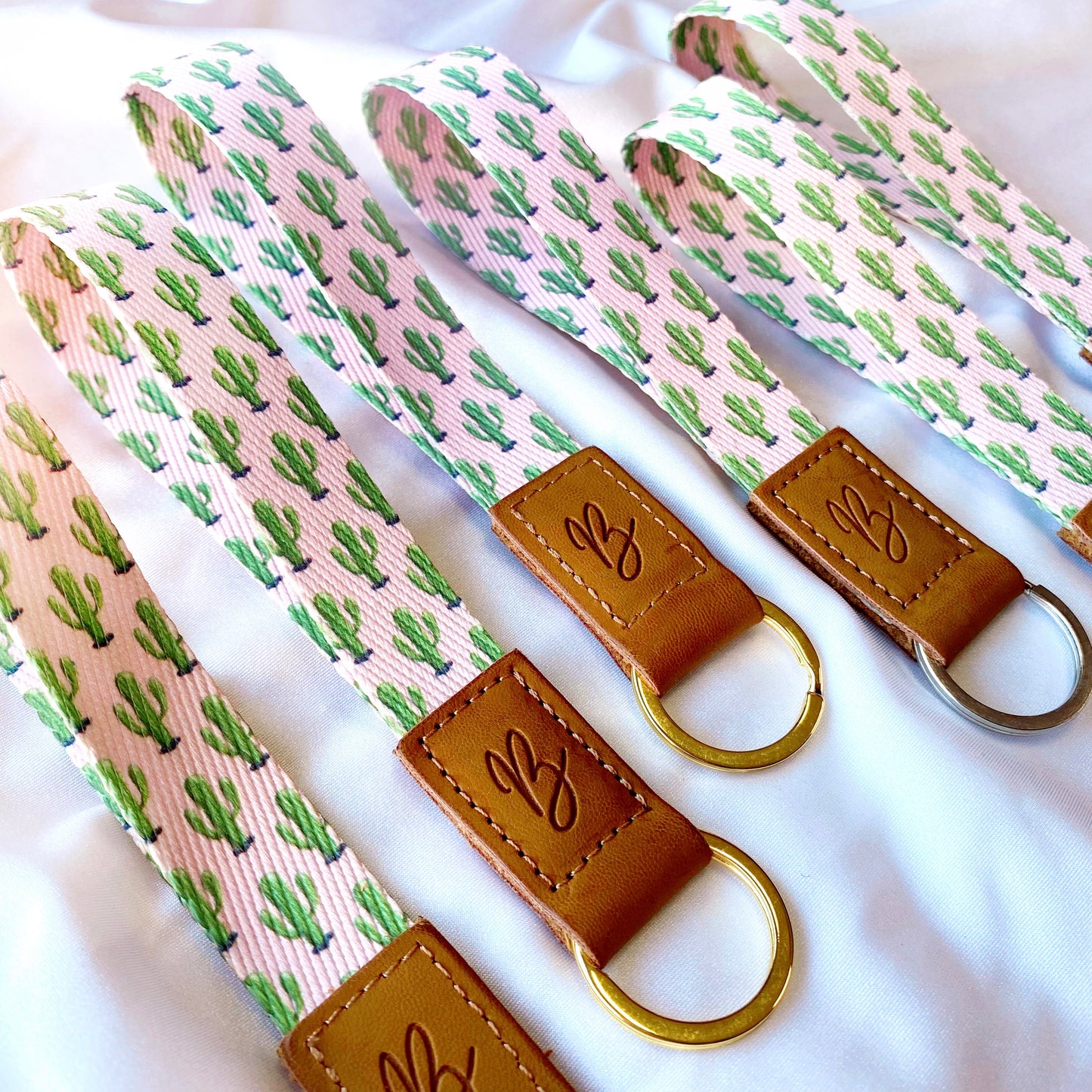 wristlet keychain with pink and green cactus print