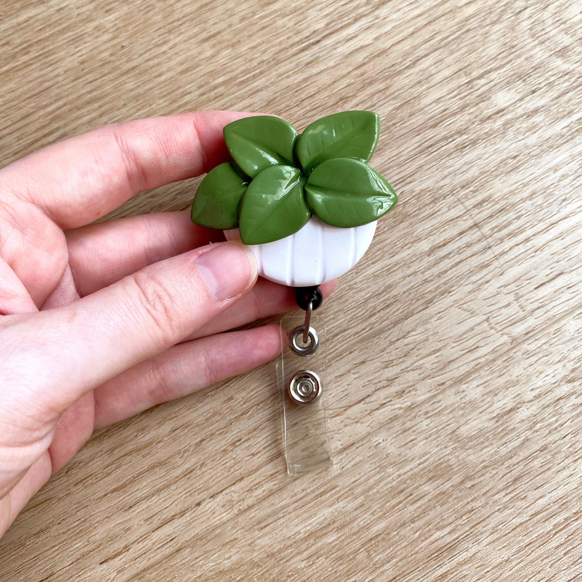 plant themed retractable badge reel with handmade polymer clay cover