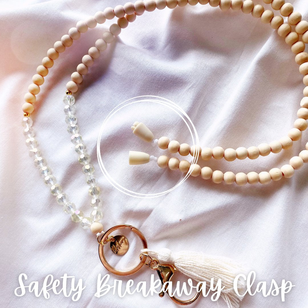 light wooden and glass crystal beaded lanyards come with a plastic safety breakaway clasp