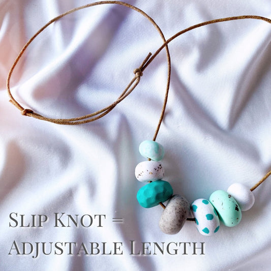 beaded necklaces have an adjustable length with a slip knot