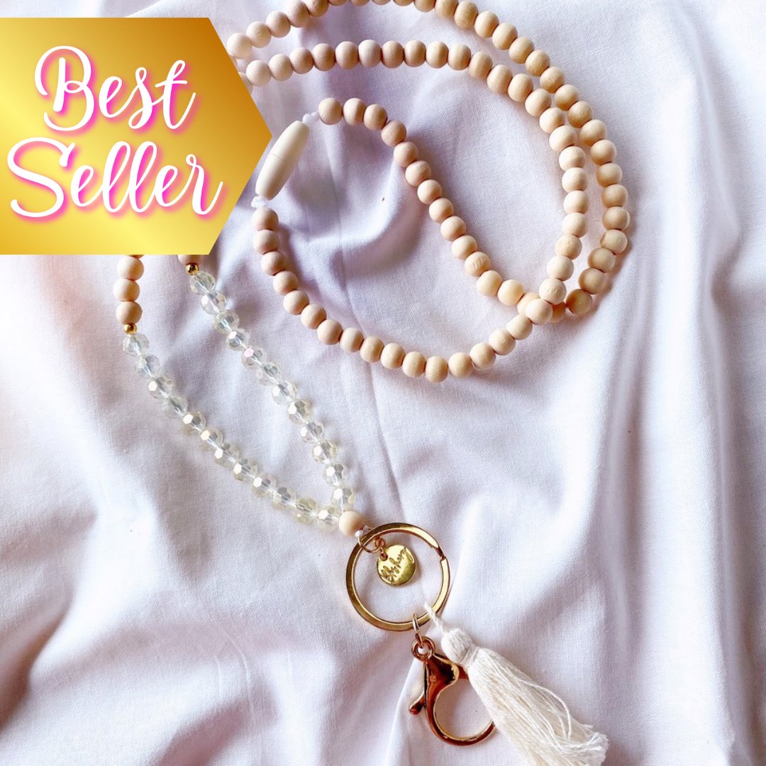 bestselling light wooden beaded lanyard with crystal glass beads