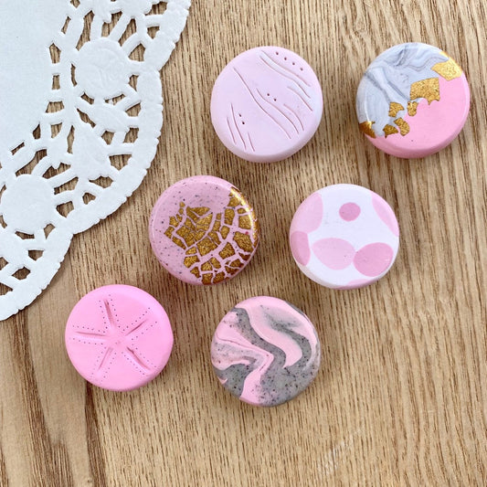 Handmade polymer clay fridge magnets, magnet set 6 or 12 pack, whiteboard kitchen decor, pink white grey, marble textured gold foil
