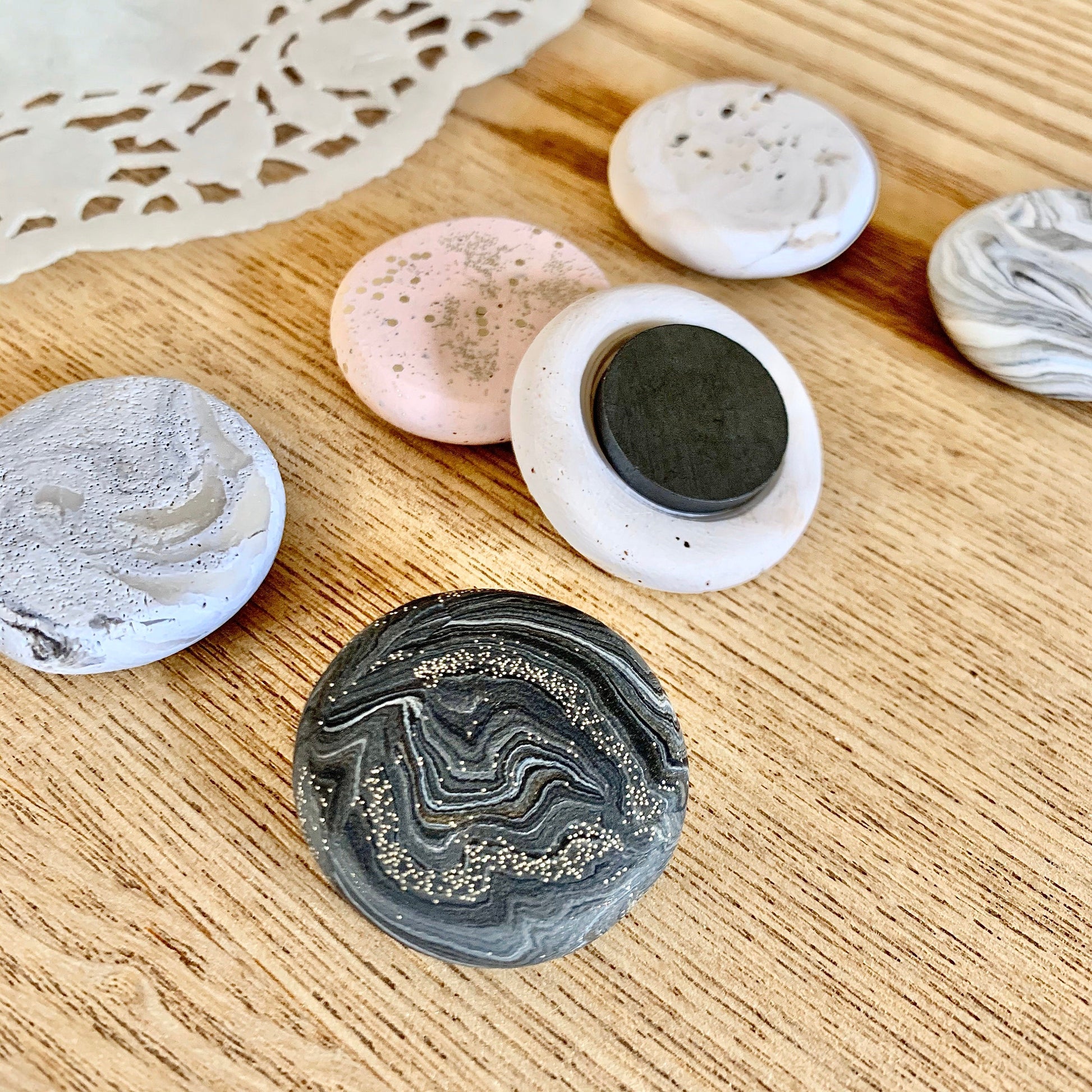 Handmade polymer clay fridge magnets, magnet set 6 or 12 pack, whiteboard kitchen decor, natural stone colours, neutral marble textured