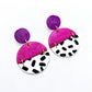 handmade polymer clay earrings in purple pink glitter and black and white polka-dots