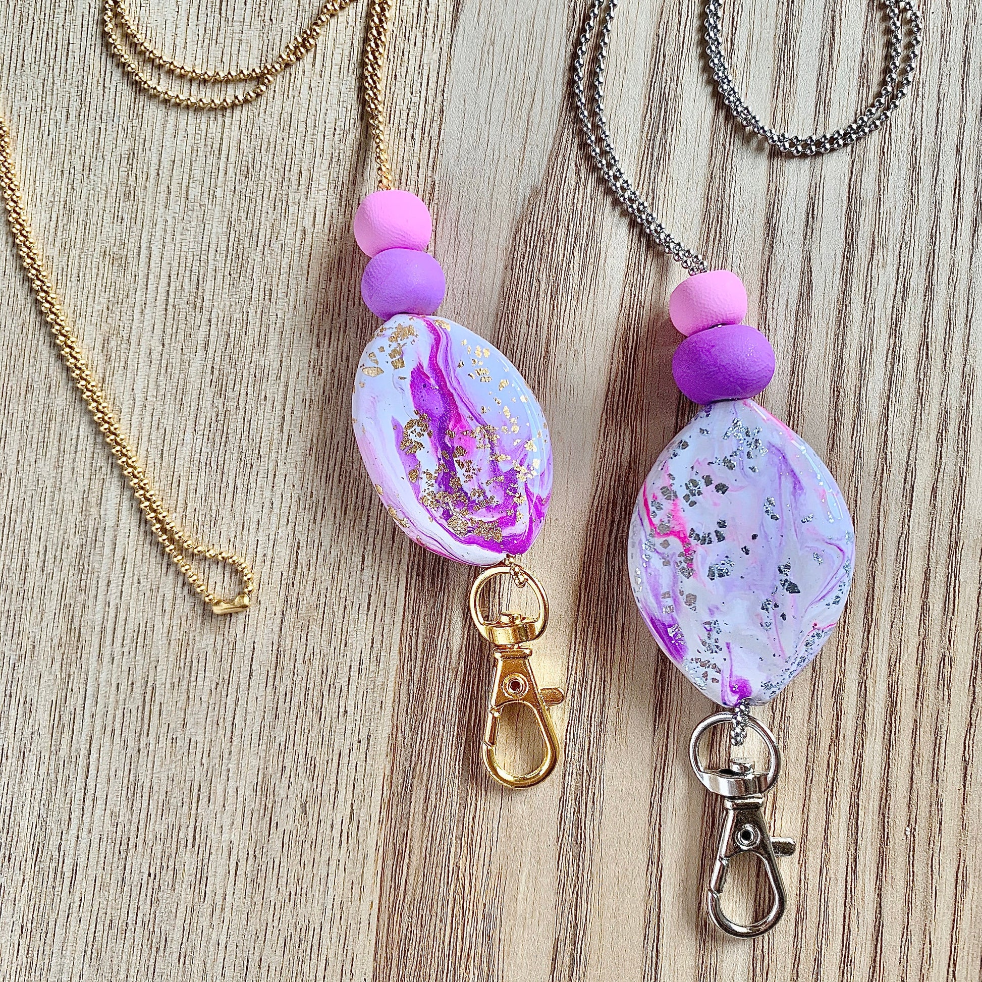 handmade polymer clay pendant lanyard on a thin chain, crystal look, glitter shine gold, gemstone precious stone pink purple design
