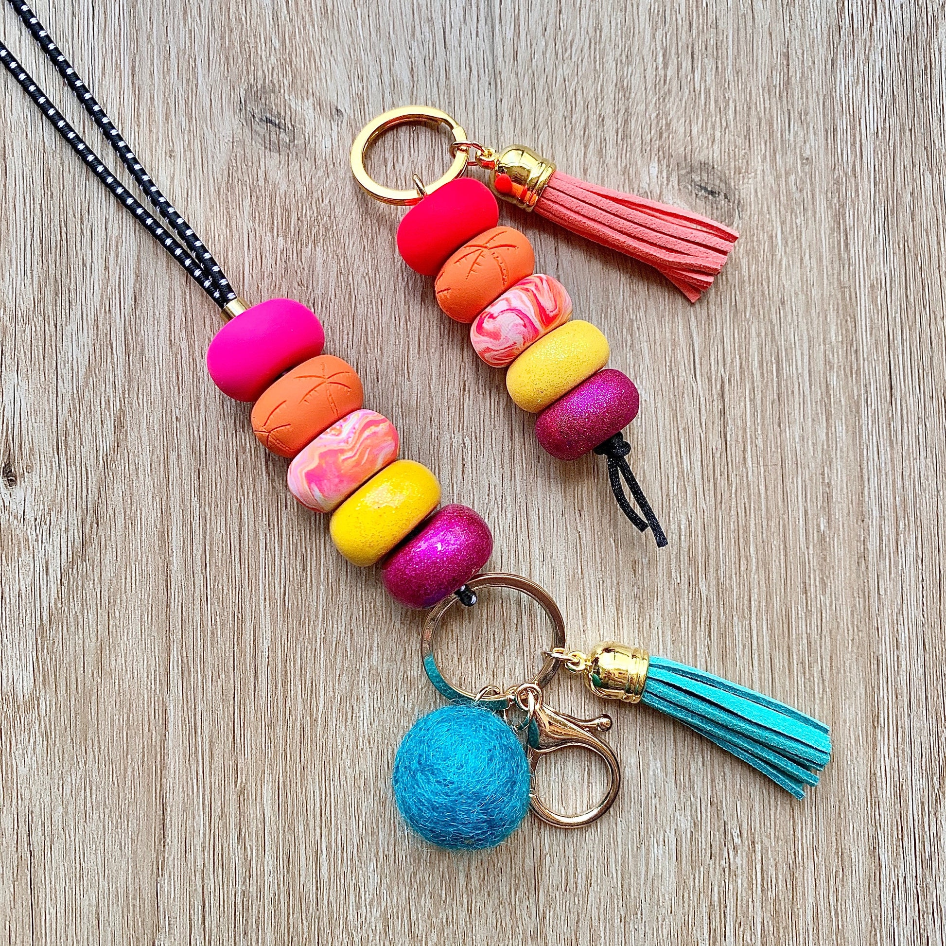 matching polymer clay beaded lanyard and keychain set in tropical colours