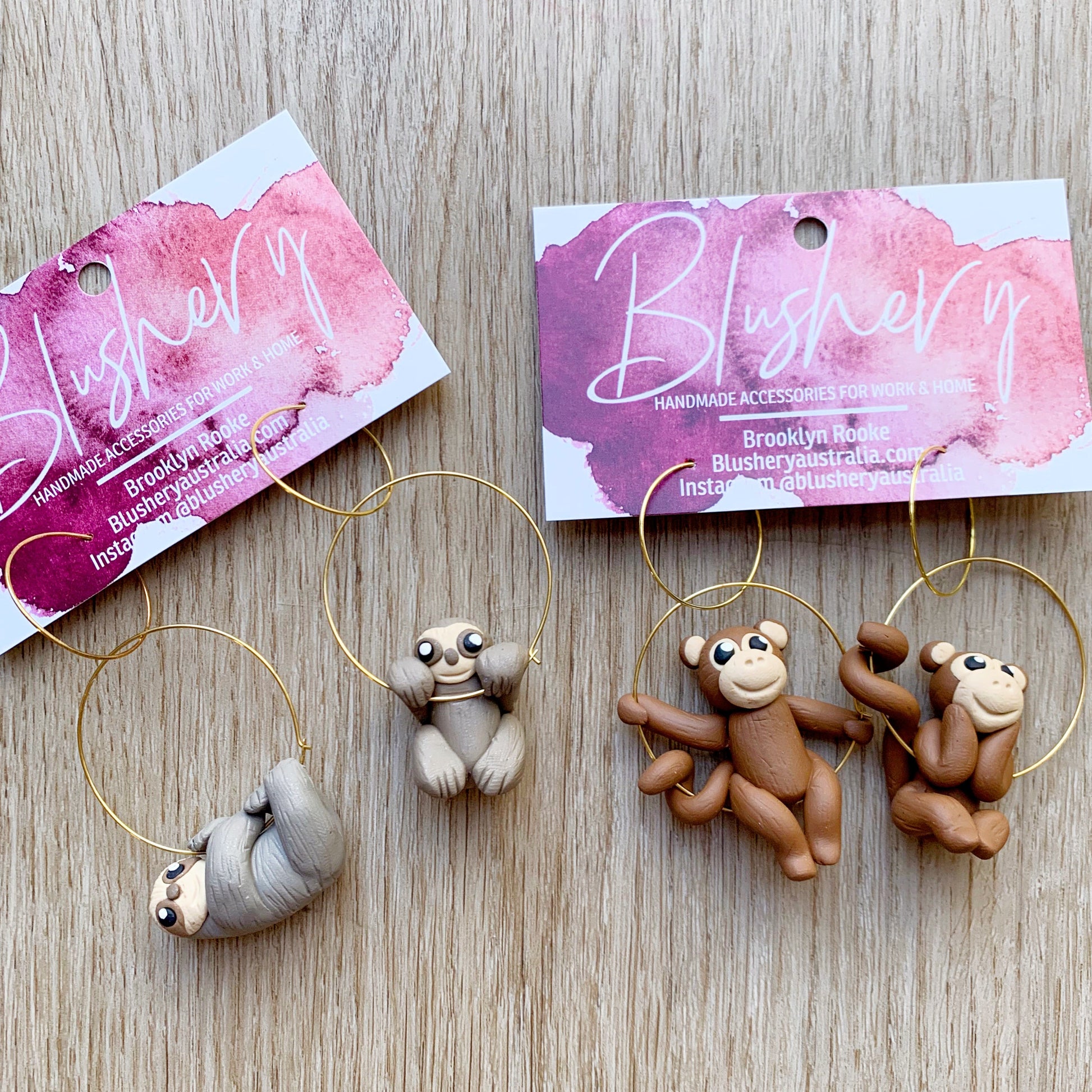 cheeky monkeys and lazy sloth dangle, hoop hanging earrings