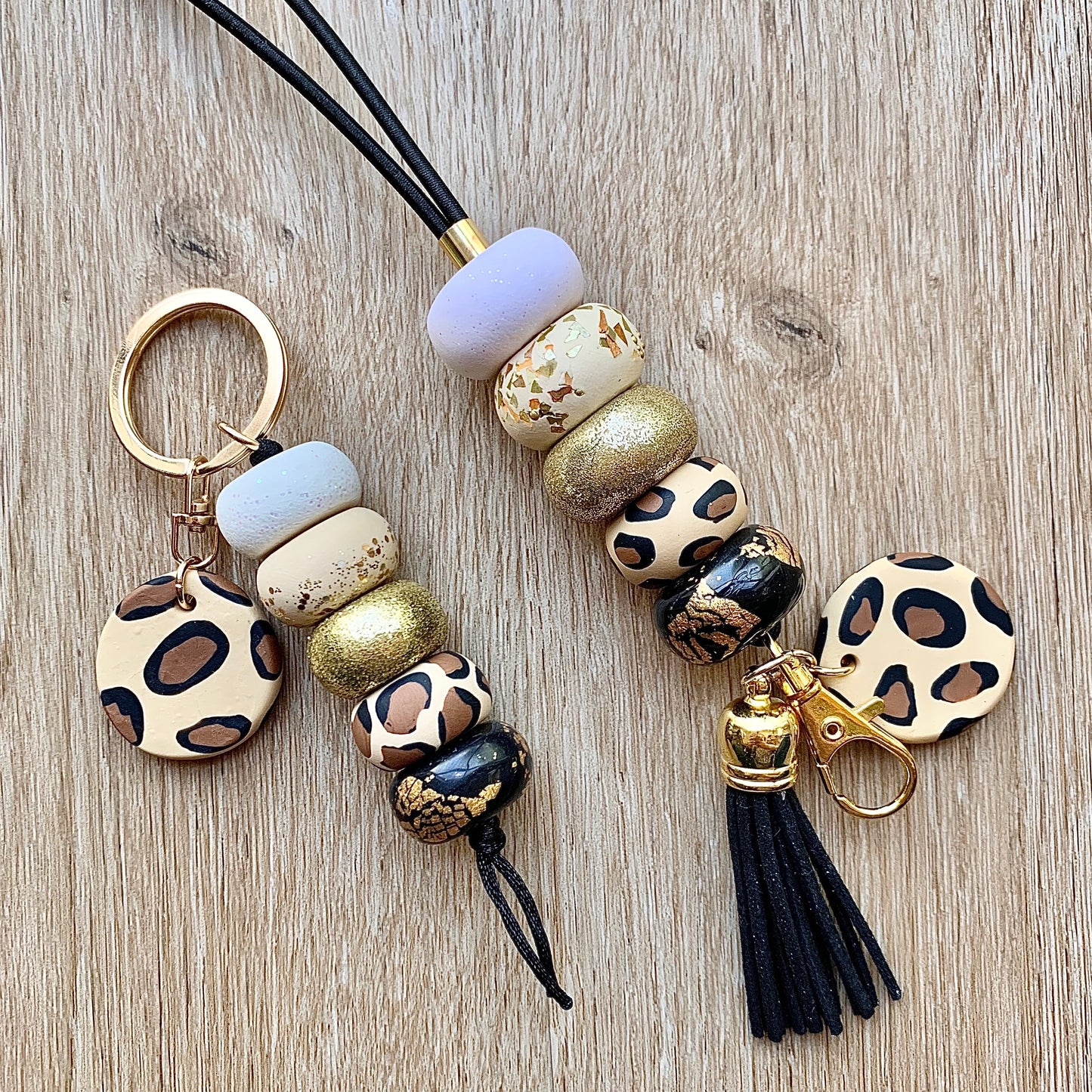 the leopard print beaded keychain and lanyard matching set