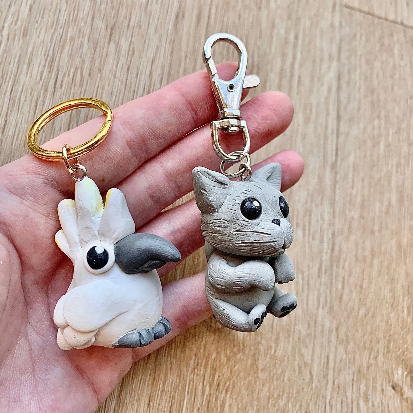 cute animal pet keychains, cockatoo and grey cat