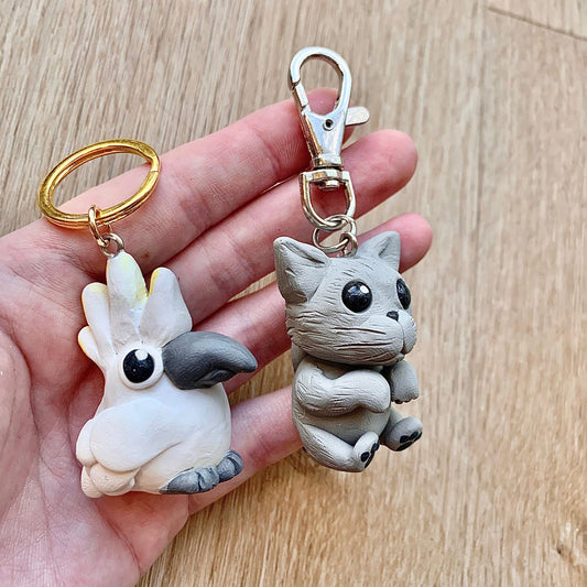 cute animal pet keychains, cockatoo and grey cat