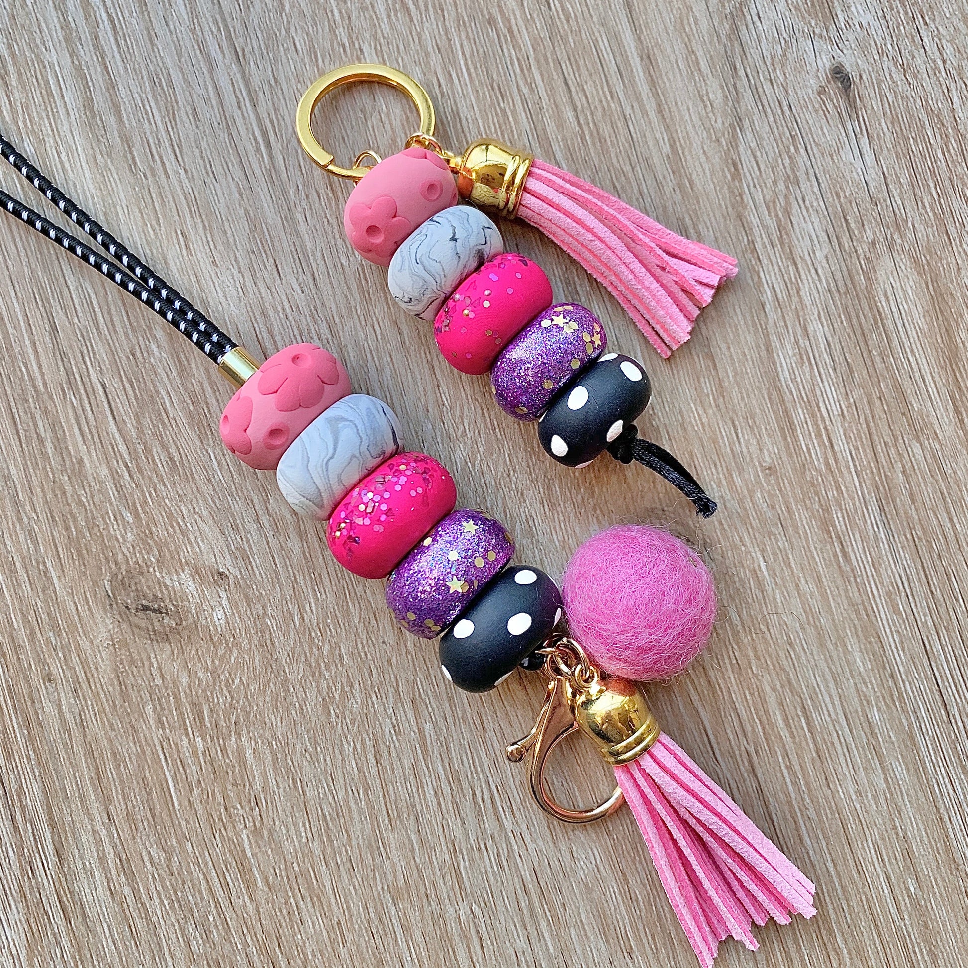 matching pink and purple beaded lanyard and keychain set