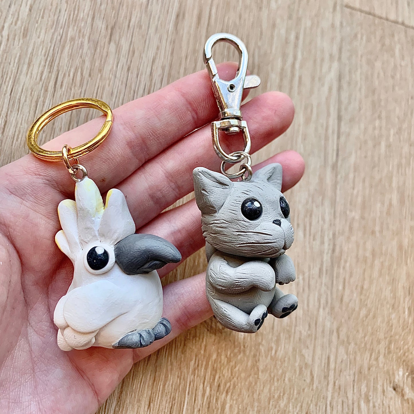 polymer clay handmade animals, keychains, cockatoo and grey cat