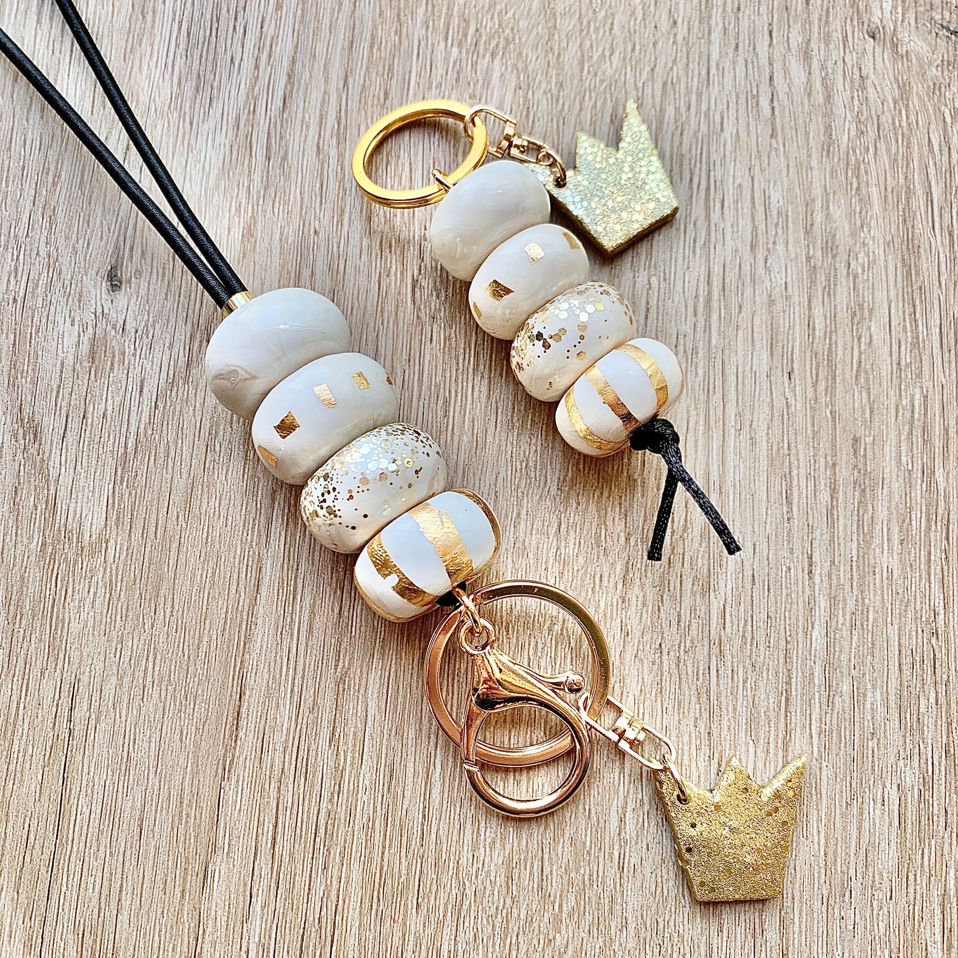 shiny cream and gold polymer clay beaded lanyard and keychain