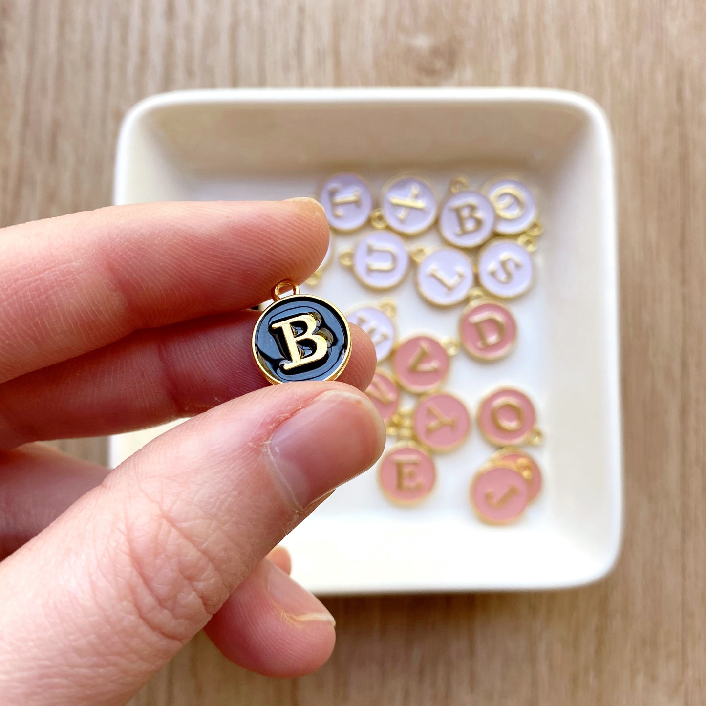 enamel charm with gold plated alphabet letters