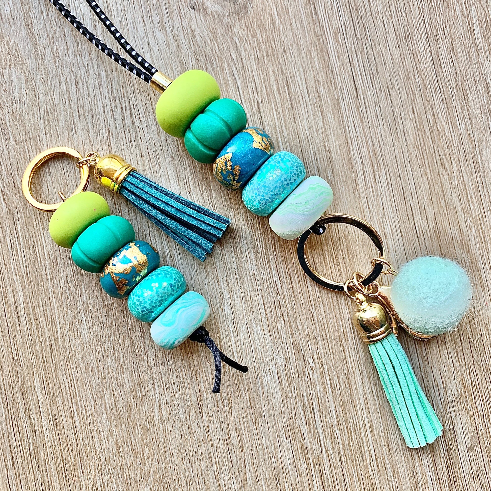 matching keychain and lanyard set in the blue green teal mint turquoise colour scheme