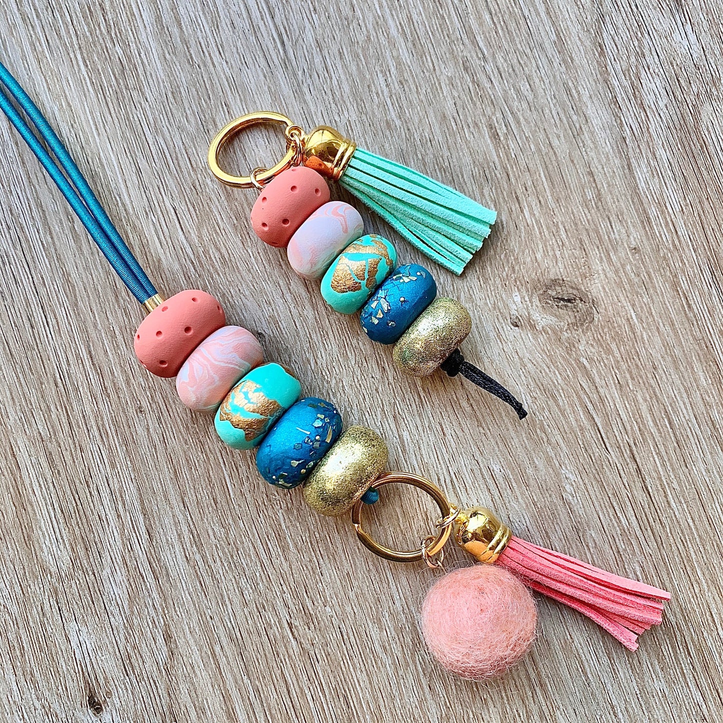 matching beaded keychain and lanyard set in peach and teal
