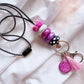 polymer clay beaded teacher lanyard in pink and purple