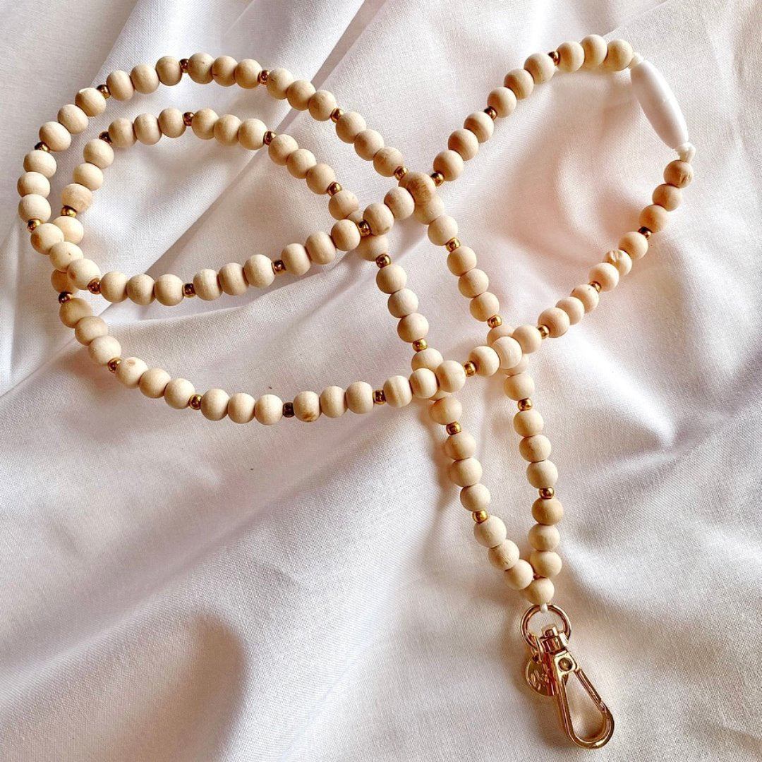 natural wood and gold boho teacher lanyard