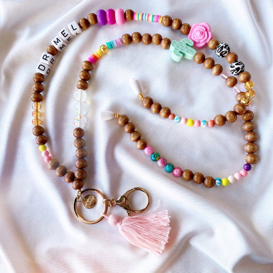 wooden beaded lanyard mixed with playful and colourful beads