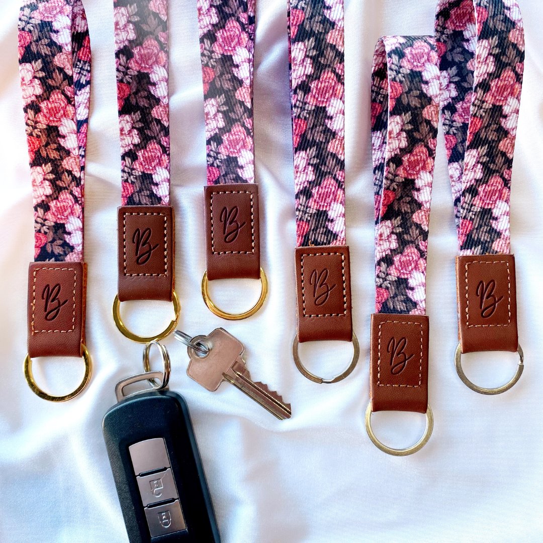 black floral printed wristlet keychain