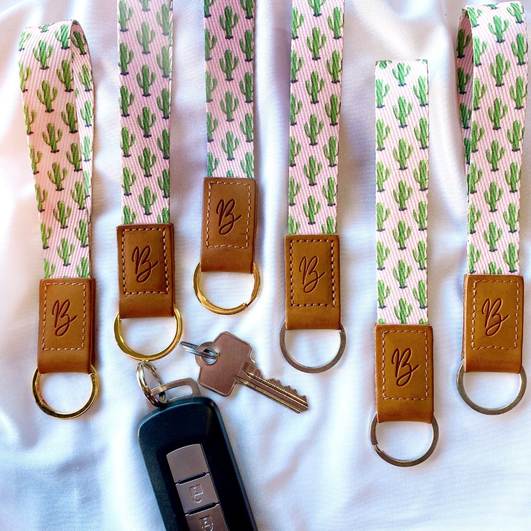 pink cactus printed keychain wristlet