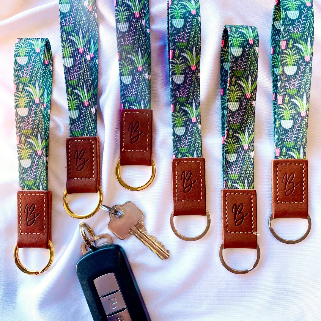 green plant lover fabric wristlet strap keychain
